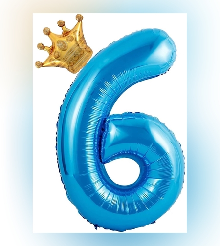Balon din Folie Metalizata Flippy, Figurina Cifra si Coroana, Tema Aniversare 100 cm, Ambalaj Individual, Pai inclus, Umflare cu Aer sau Heliu, Albastru, Cifra 6