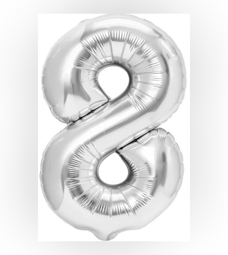 Balon din Folie Metalizata Flippy, Figurina Cifra, Tema Aniversare 40 cm, Ambalaj Individual, Pai inclus, Umflare cu Aer sau Heliu, Argintiu, Cifra 8