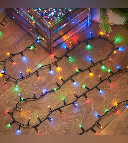 Instalatie de Craciun liniara Yoto, 10 m, din care 1 m cablu priza 220V, 100 LED, 8 jocuri de lumini, beculet in 6 colturi, pentru interior, controler, fir negru, multicolor