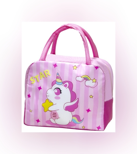 Geanta Termoizolanta pentru Copii, Flippy, 23x13x19 cm, Model Imprimeu Unicorn, din Folie de Aluminiu si Panza Oxford, Roz