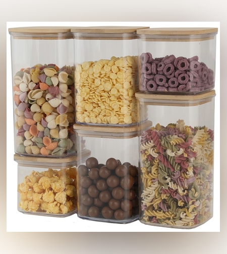 Cutii de Depozitare Alimente, Flippy, Set din 6 Cutii de tip Container, Cutii pentru Cereale, din Plastic, Capac din Bambuc, 2pc 0.5 l. 2pc 0.8 l, 2pc 1.2 l, Transparente