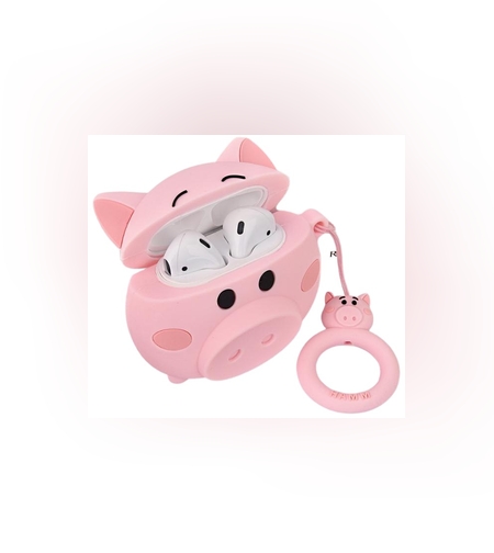 Husa AirPods cu Inel Prindere Porc Roz