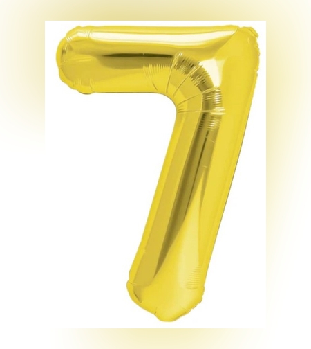 Balon din Folie Metalizata Flippy, Figurina Cifra, Tema Aniversare 40 cm, Ambalaj Individual, Pai inclus, Umflare cu Aer sau Heliu, Auriu, Cifra 7