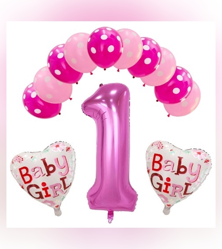 Set 13 baloane, pentru Prima Aniversare, 10 baloane latex, 2 baloane inima folie, cifra 1, Roz