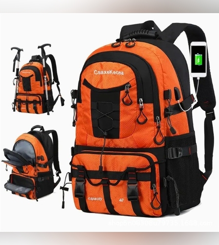 Rucsac Multifunctional de Alpinism, Flippy, Capacitate 36-55 L, de Calatorie, Impermeabil, Slot USB Incarcare Telefon, Bretele Reglabile, 52 x 34 x 19 cm, Portocaliu