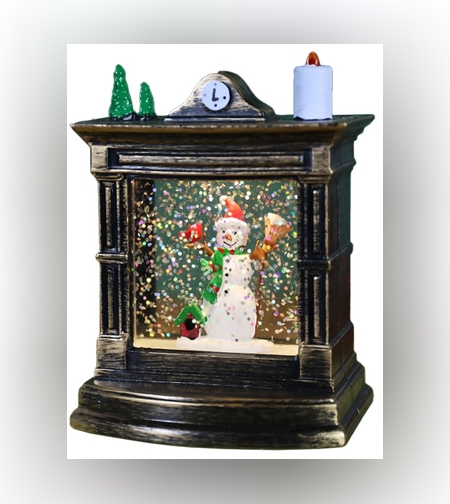 Decoratiune de Craciun tip Semineu / Ceas, Flippy, Glob de Cristal cu Fulgi de Zapada, Model Om de Zapada, Iluminare LED, 11.5 x 8.5 x 6.5 cm, Carcasa Vintage Bronze, Transparent