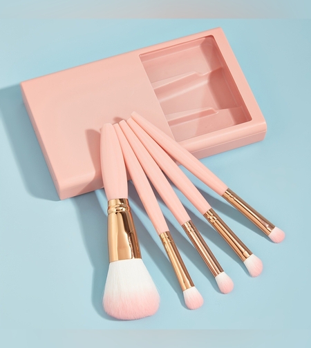 Set 5 Pensule de Machiaj cu Peri Moi, Flippy, cu Suport pentru Depozitare si Oglinda, Roz