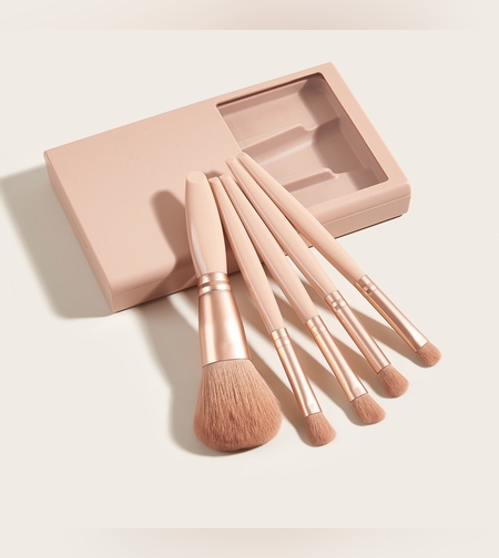 Set 5 Pensule de Machiaj cu Peri Moi, Flippy, cu Suport pentru Depozitare si Oglinda, Roz Pal