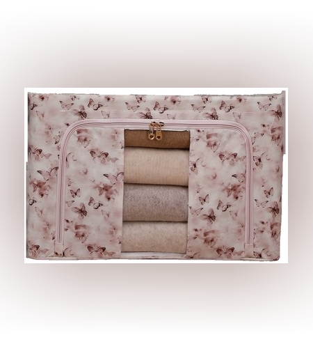 Cutie Depozitare, Flippy, 66L, din Material Textil, 50 x 40 x 33 cm, pentru Haine si Lenjerii, Model Fluturasi, Roz/Gri