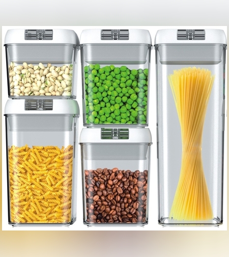 Cutii de Depozitare Alimente, Flippy, set din 5 Cutii pentru Condimente, Volumetrie 0.5l, 0.8l, 1.2l, 1.9l, Transparente cu Capac Alb