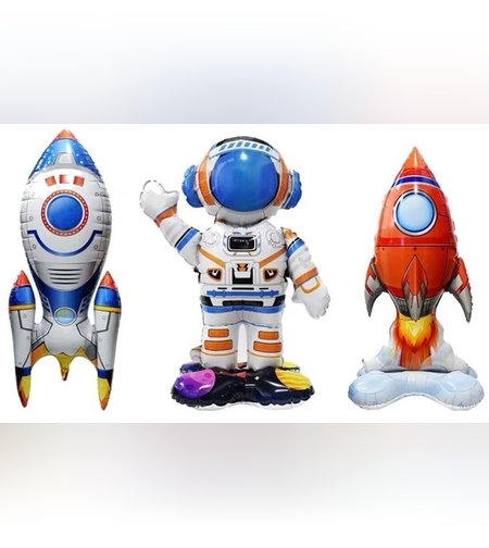 Baloane din Folie Metalizata, Flippy, set 3 Baloane pentru Baieti, Model Astronaut 49 x 69 cm, Racheta Alba 31 x 61 cm, Racheta Rosie 36 x 69 cm, Pai din carton inclus, Multicolor