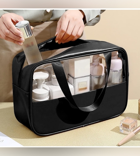 Geanta cosmetice Flippy, pentru voiaj sau organizare, material PVC/textil, impermeabila, portabila, 26 x 15 x 10 cm, negru