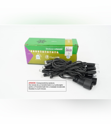 Sectiune Instalatie de Craciun Flippy Tip Liniara, cu Flash, 2 m, 20 LED-uri, Interconectabila, Fir Negru, Alb-Rece, Atentie! nu contine Alimentator