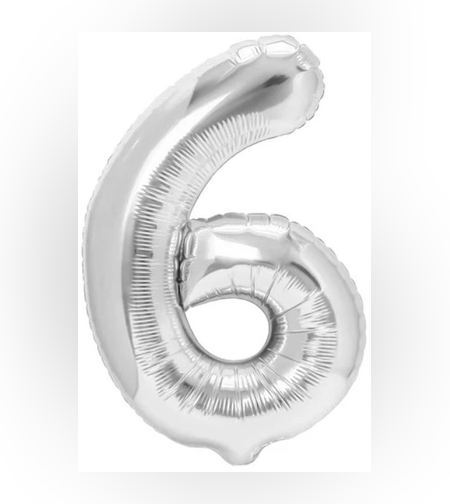 Balon din Folie Metalizata, Flippy, Figurina Cifra, Tema Aniversare 80 cm, Ambalaj Individual, Pai inclus, Umflare cu Aer sau Heliu, Argintiu, Cifra 6