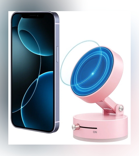 Suport Magnetic Auto pentru Telefon, Flippy, cu Ventuza, Pliabil și Retractabil, Fixare prin Vid și Magnet, Rotativ 360°, Roz