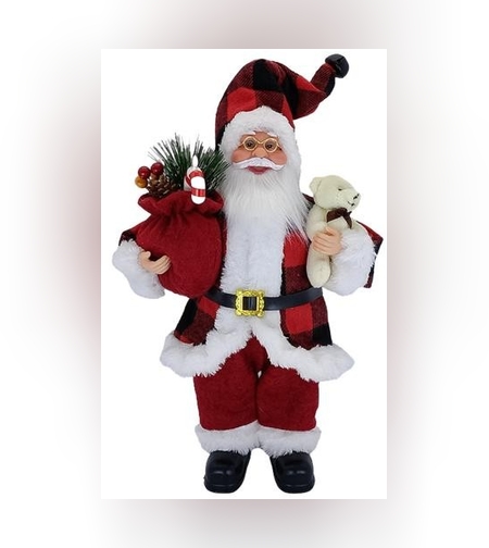 Figurina Decorativa Craciun, Flippy, Mos Craciun cu Urs de Plus, 30 x 10 x 17 cm, Material Plastic+Textil, Interior/Exterior, Alb/Rosu