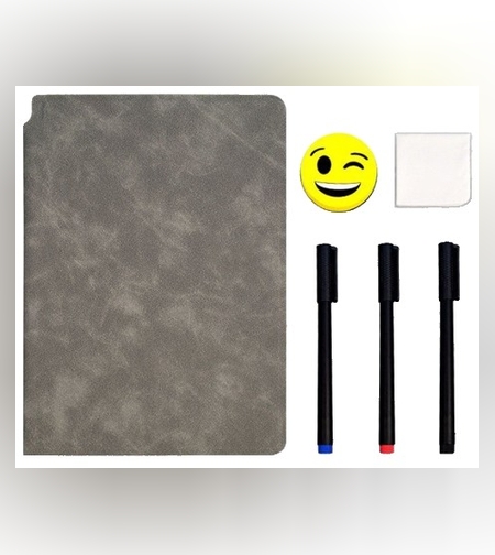 Set Agenda A5 Reutilizabila cu Pagini Tip Tabla, Agenda Pagini Albe cu Stergere Uscata, 3 Markere, 1 Burete și 1 Laveta de sters, Portabila, 24 x 16.5 cm, Coperta Piele, Maro