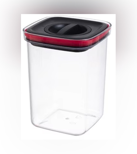 Cutie de Depozitare Alimente, Flippy, Cutie de tip Container, Recipient pentru Cereale in Bucatarie, 11.5 x 11.5 x 15 cm, volum 1200 ml, Transparenta cu Capac Negru