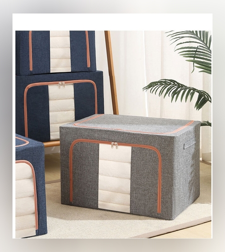 Cutie de Depozitare Pliabila, Flippy, 66 L, din Bumbac si In, 50x40x33 cm, Fereastra Frontala, 2 Usi de Acces cu Fermoar Bidirectional, Cadru Metalic, Suport Baza Stabil din Plastic, Gri