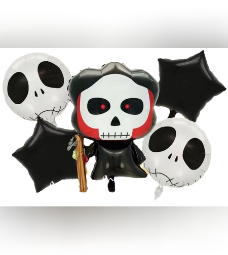 Set 5 Baloane din Folie Metalizata, Flippy, Figurine, Tema Halloween, Pai Inclus, Ambalaj Individual, Umflare cu Aer sau Heliu, Figurina Craniu 50.5x74 cm, Stelute si Cerculete 45 cm, Alb-Negru