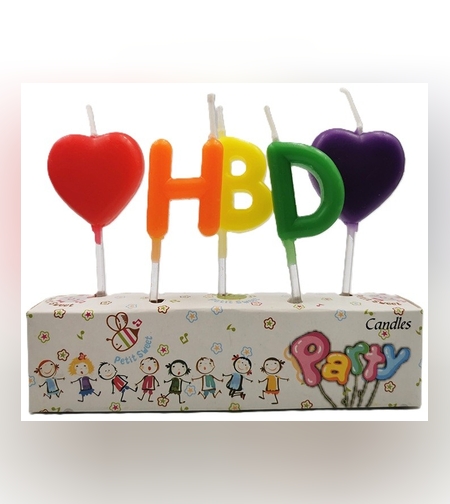 Set 5 Lumanari de Tort, Flippy, Model Inimi, Litere HBD, 1.8 x 2.7 cm, din Ceara, Multicolor