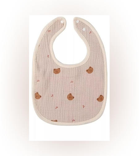 Baveta in Forma de U, Flippy, din Bumbac, pentru Copii 0-12 Luni, Rezistenta la Apa, cu Capse, Model cu Ursuleti,  21x30 cm, Bej