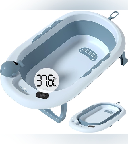 Cada de Baie, Flippy, pentru Copii 0 luni - 6 Ani, cu Termometru, Pliabila, Perna Suport Inclusa, din Plastic, 81.5 x 49 x 21.5 cm, Albastru