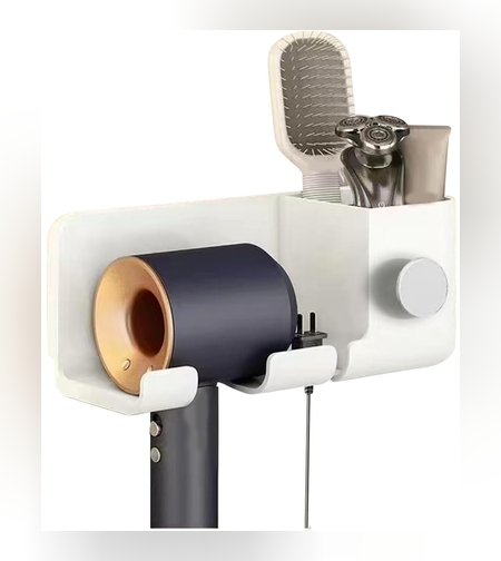 Suport de Baie, Flippy, pentru Uscator de Par, cu Organizator Dublu, din Plastic, Aplicare cu Suport Adeziv, 23 x 8.8 x 9.5 cm, Alb