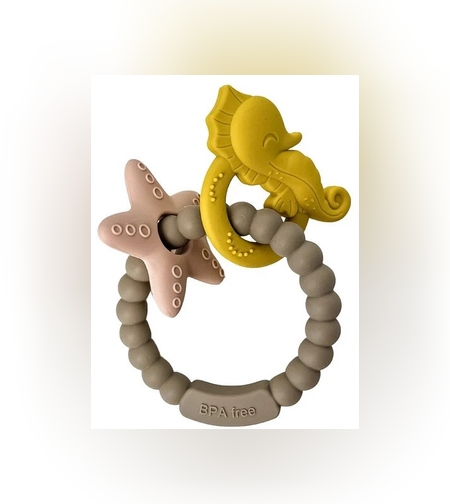 Jucarie Dentitie Bebelusi, Flippy, Tip Bratara, Model Calut si Stea de Mare, + 3 luni, din Silicon, fara BPA, 8.1 x 8.1 x 1.2 cm, Maro