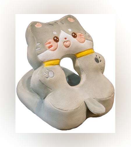 Perna din Spuma, Flippy, pentru Birou, Calatorii, Model Pisica, Lavabila, Umplutura de Bumbac, Spatiu Cap in Forma de 8, 30x35x30 cm, Gri