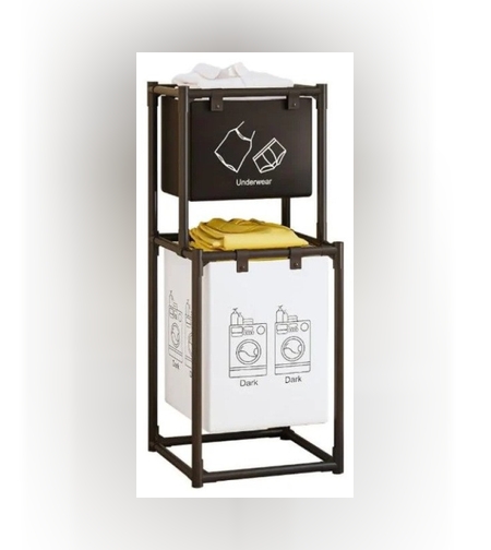 Cos de Rufe, Flippy, cu 2 Etaje, 2 Cosuri, Cadru de Otel Inoxidabil, 97x44x31 cm, Negru