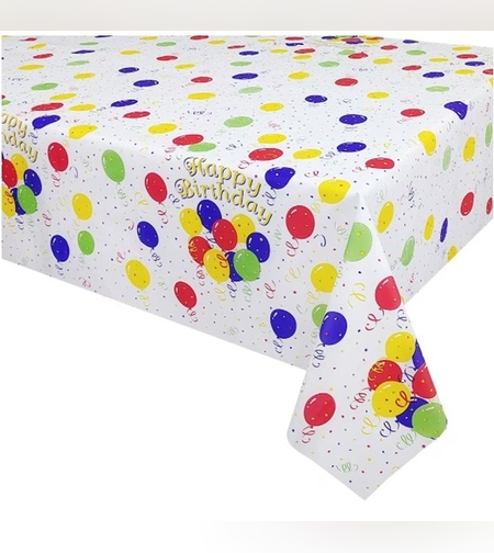 Fata de Masa, Flippy, din PEVA, Imprimeu Happy Birthday cu Baloane, 137 x 274 cm, Impermeabila, Fara Pete, Curatare Rapida, Multicolor