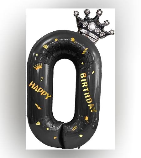 Balon din Folie Metalizata Flippy, Figurina Cifra si Coroana, Scris Happy Birthday, Tema Aniversare 100 cm, Ambalaj Individual, Pai inclus, Umflare cu Aer sau Heliu, Negru, Cifra 0