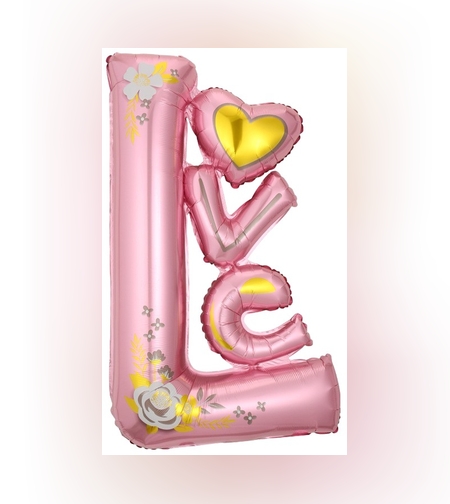 Balon din Folie Metalizata, Flippy, Figurine, Model LOVE, Tematica Iubire, 110x64 cm, Ambalaj Individual, Pai Inclus, Umflare cu Aer sau Heliu, Roz
