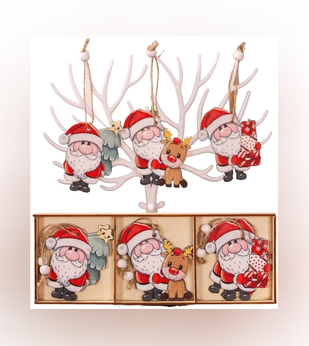 Set 9 Decoratiuni de Craciun din Lemn, Flippy, cu Snur pentru Agatare in Brad, 3 Modele, Model Mos Craciun cu Brad, Ren si Cadouri, Diferite Dimensiuni, Multicolor