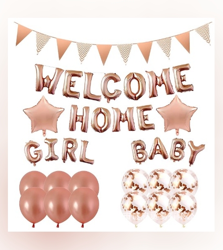 Set baloane folie si latex, Flippy, WELCOME HOME, 16 piese, 12 baloane latex, 2 baloane folie, 1 set Welcome Home Baby Girl,1 Banner, Rose gold