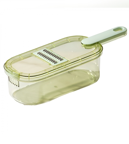 Feliator Multifunctional, Flippy, 3 in 1, pentru Fructe si Legume, 6 Piese, Maner, Lame de Inox, Recipient Stocare, Protectie Mana, ABS, 35x12x9.4 cm, Verde