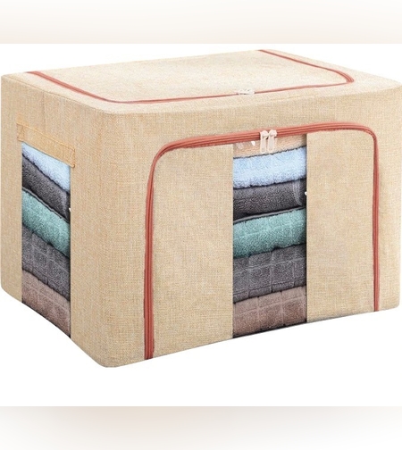 Cutie de Depozitare Pliabila, Flippy, 100 L, din Bumbac si In, 60x42x40 cm, Fereastra Frontala, 2 Usi de Acces cu Fermoar Bidirectional, Cadru Metalic, Suport Baza Stabil din Plastic, Roz Pudrat