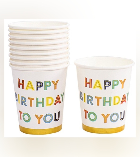 Set 10 Pahare, Flippy, Imprimeu Happy Birthday to You, din Carton, 250 ml, 7.5 x 8.5 x 5.2 cm, Multicolor
