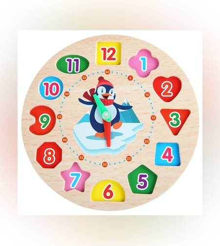 Jucarie Educativa Flippy, Tip Montessori, Model Ceas Pinguin, din Lemn, + 36 Luni, 12 Piese, 17.2 cm, Multicolor