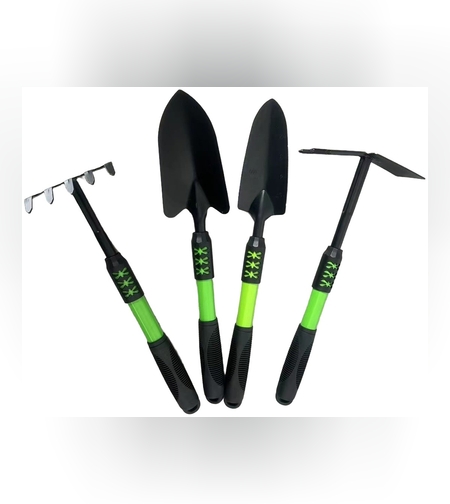 Set 4 Unelte de Gradina Flippy, pentru Plantare, Prelucrare Sol si Ingrijire Plante, Material PVC Carbon, Grebla, Sapaliga cu Cap Dublu, Lopata Mica, Lopata Lata, 43 x 11 cm, Negru/Verde