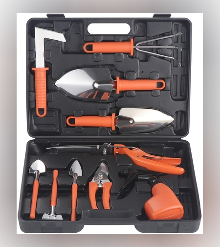 Set 10 Unelte de Gradina, Flippy, pentru Plantare Prelucrare Sol si Ingrijire Plante, Manere Portocalii, Material PVC si Otel Inoxidabil, Cutie Inclusa, 37x28x7 cm, Negru