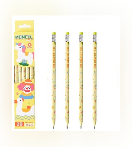 Set 10 Creioane Negre, Flippy, 2B, pentru Elevi Scoala, cu Radiera, Model Galben cu Circ