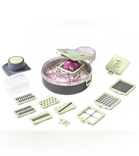 Feliator Multifunctional, Flippy, Razatoare, 8 in 1, pentru Fructe si Legume, 12 Piese, Lame de Inox, Recipient Stocare, Separator Oua, Protectie Mana, ABS, Gri/Verde, 29.5x9x21.8 cm