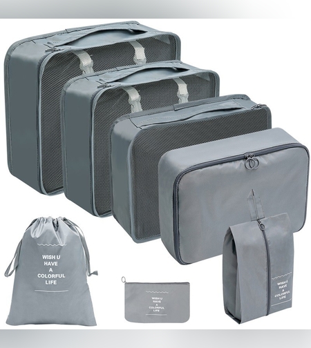 Set 7 Genti de Calatorie, Flippy, pentru Depozitare, Compresibile, 7 Dimensiuni, Impermeabile, Design cu Plasa, Pliabile, Manere Robuste, Fermoar dublu, Gri