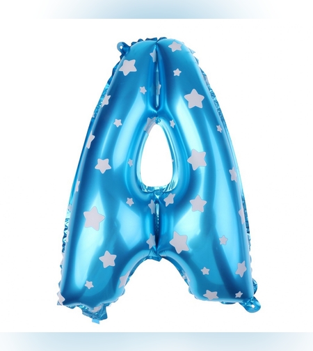Balon Folie Metalizata Litera A, Flippy, 40 cm, Cu Imprimeu Stelute, Umflati cu Heliu sau Aer, Ambalaj Individual, Pai inclus, Albastru