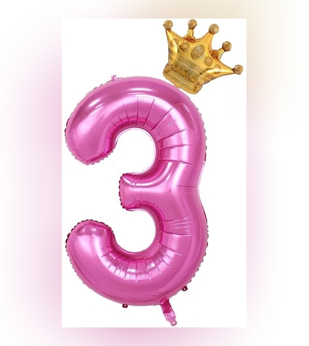 Balon din Folie Metalizata Flippy, Figurina Cifra si Coroana, Tema Aniversare 100 cm, Ambalaj Individual, Pai inclus, Umflare cu Aer sau Heliu, Roz, Cifra 3
