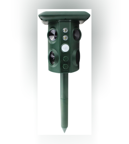 Aparat Solar LED cu Ultrasunete, Flippy, Repelent pentru Animale Mari si Mici, Lumina Rosie si Alba, Anti Rozatoare, Anti Insecte, Frecventa 13.5KHZ-45.5KHZ, Senzor PIR, 15.5 x 15.4 x 26.2 cm, Verde