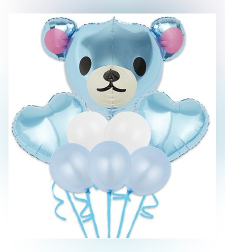 Set Baloane Aniversare, Flippy, set din 8 bucati, 1 bucata urs mare, 2 inimi folie, 5 simple din latex Baby Boy, 60 cm Albastru