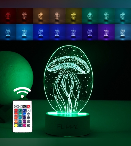 Lampa LED decorativa, Flippy, 3D, Meduza, din material acril si lumina multicolora, alb